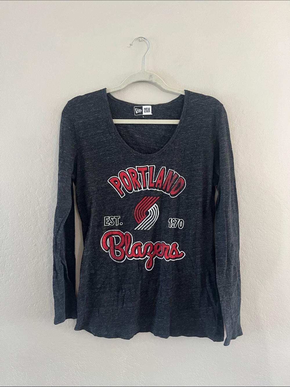 New Era Heather Grey Long Sleeve Portland Blazers Graphic Tee with Red Logos